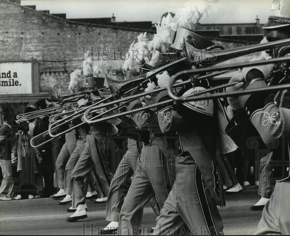 1981 Press Photo Alabama State University Marching Hornets in Parade, Trombones - Historic Images