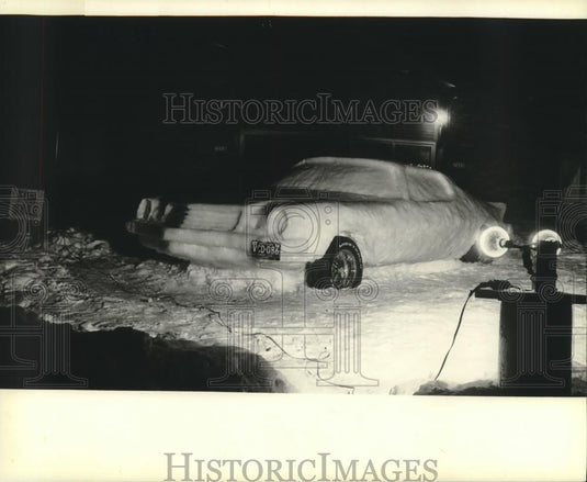 1982 Press Photo Sculpture of car with real tires and Michigan license plate. - Historic Images