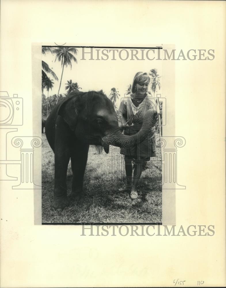 1986 Press Photo Tourist pets baby elephant in Sri Lanka - mjc04620 - Historic Images