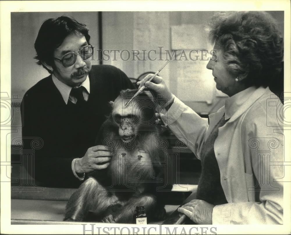 1987 Press Photo Hideo Uno, Adrienne Cappas in lab, University of Wisconsin - Historic Images