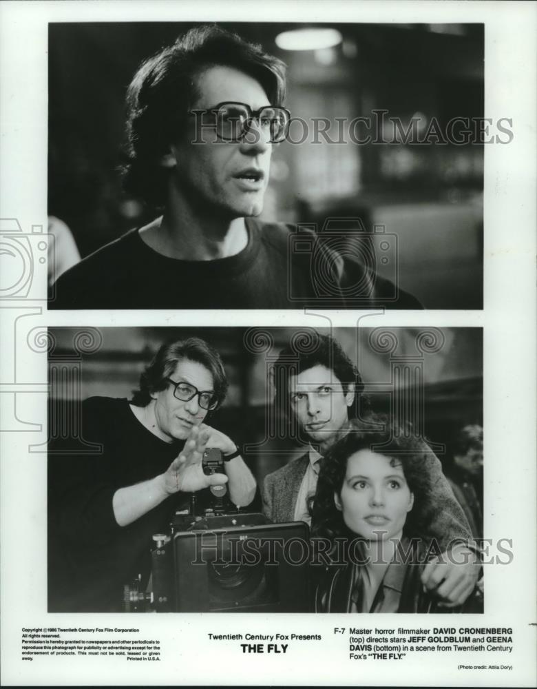 1986 Press Photo David Cronenberg, Geena Davis, Jeff Goldblum in &quot;The Fly&quot; scene - Historic Images