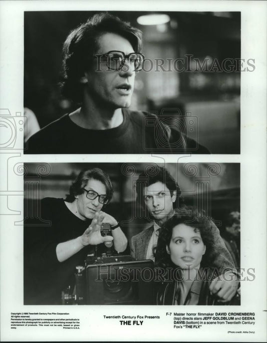 1986 Press Photo David Cronenberg, Geena Davis, Jeff Goldblum in "The Fly" scene - Historic Images