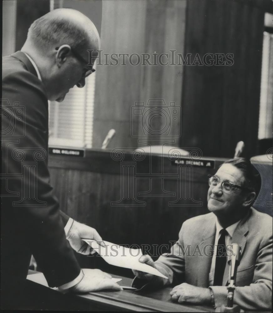Press Photo Judson Hodges, City Clerk with Felix Lancaster, also City Clerk - Historic Images