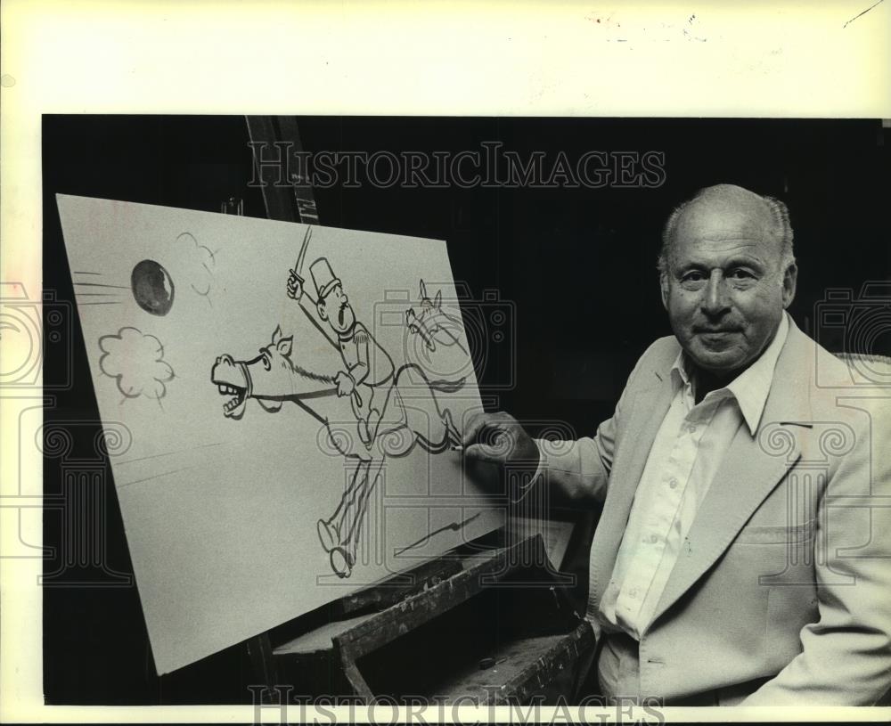 1980 Press Photo Cartoonist Sid Stone with his sketch of musical hero Hary Janos - Historic Images