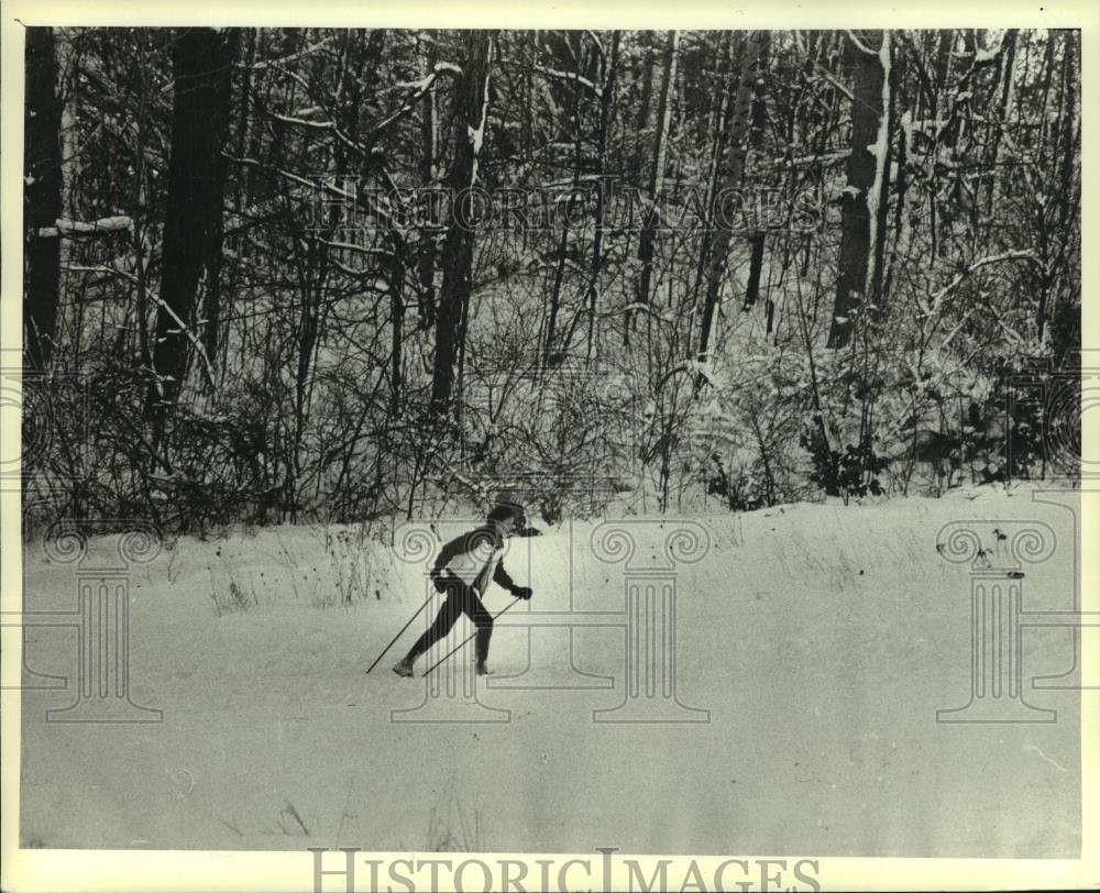 1982 Press Photo Linda Knurr skies in Minooka Park after snow storm in Wisconsin - Historic Images