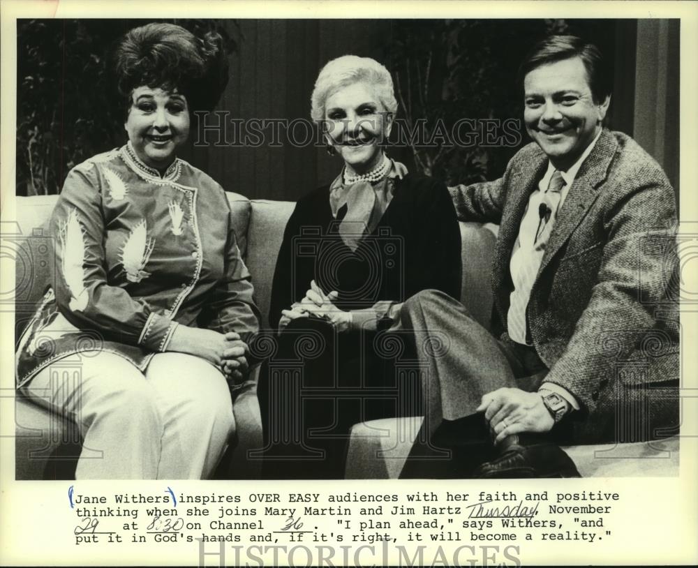 1985 Press Photo Jane Withers with Mary Martin and Jim Hartz on television - Historic Images