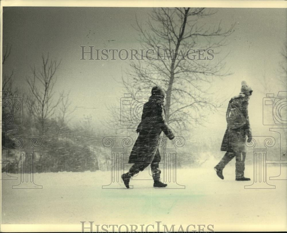 1987 Press Photo Two people walking along highway T during snowstorm in WI - Historic Images