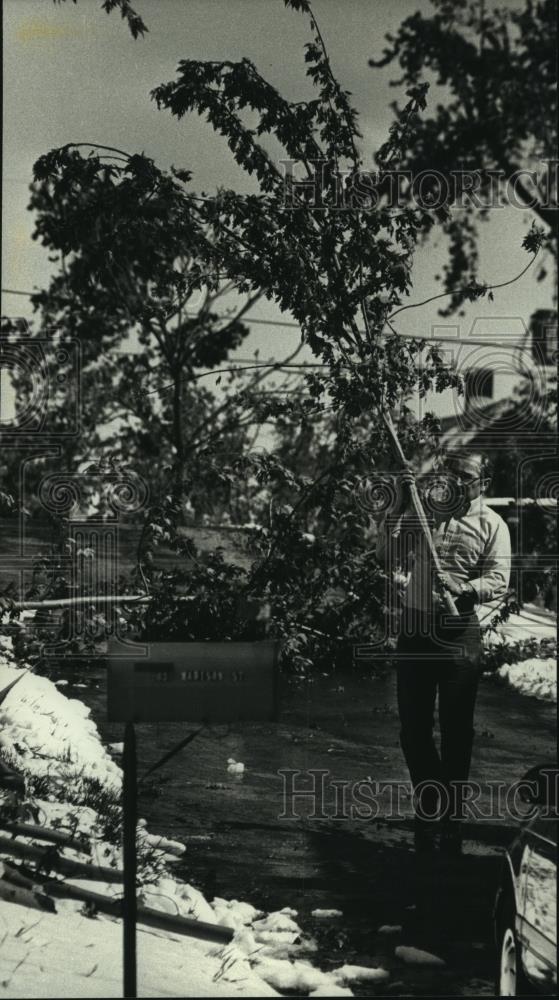 1990 Press Photo Bob Belles, Sr. of Waukesha, removes limbs after snowstorm - Historic Images