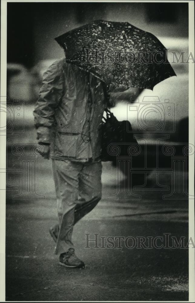 1990 Press Photo A man braces against the driving snow in Milwaukee - mjc17547 - Historic Images