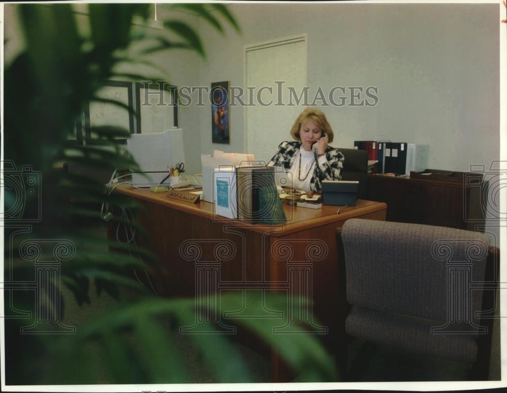 1994 Press Photo Nancy Johnson Working In Her Mutual Insurance Company Office - Historic Images