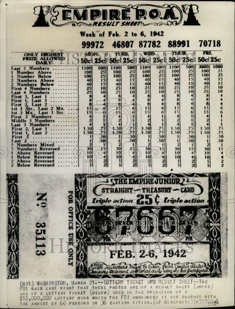 lottery ring result sheet ticket 1942 Vintage Press Photo Print ...