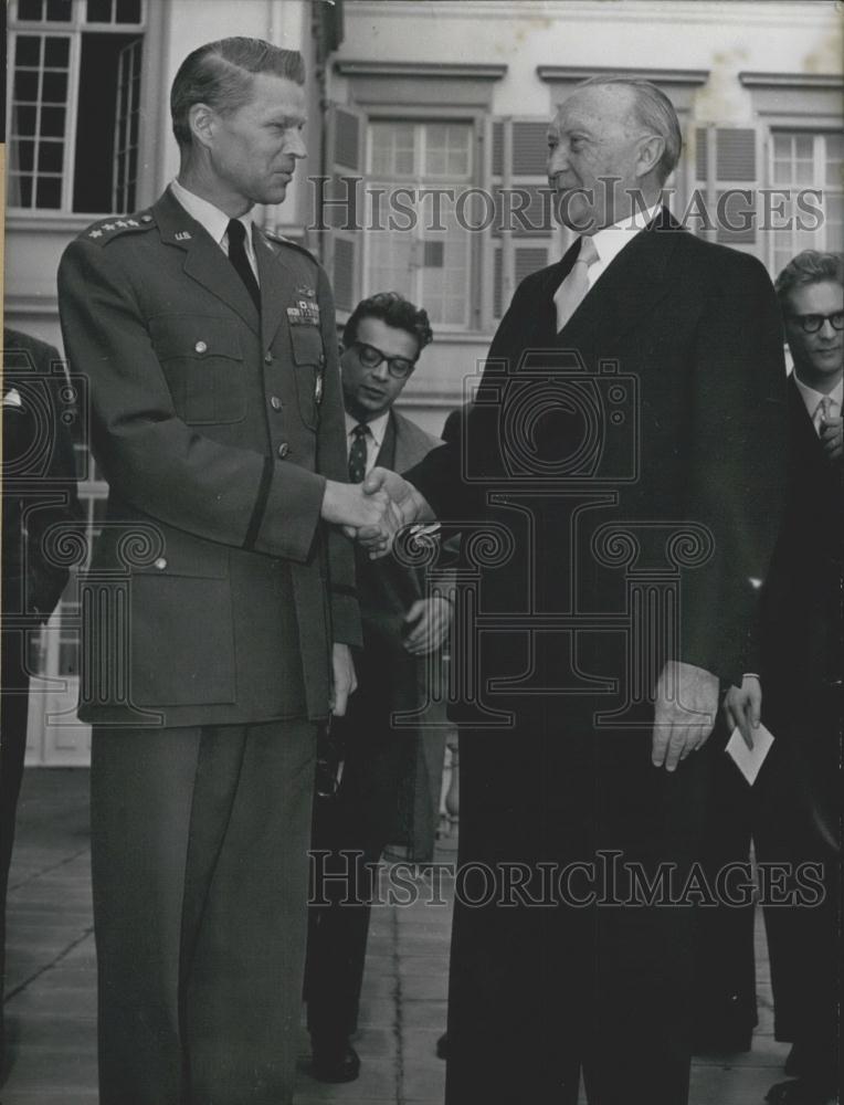 1957 Press Photo NATO-commander Europe L.Norstadt &amp; German chancellor Adenauer - Historic Images