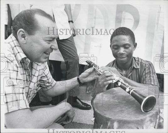 Press Photo Woody Hermann at the Salvatorian Convent School with his instruments - Historic Images