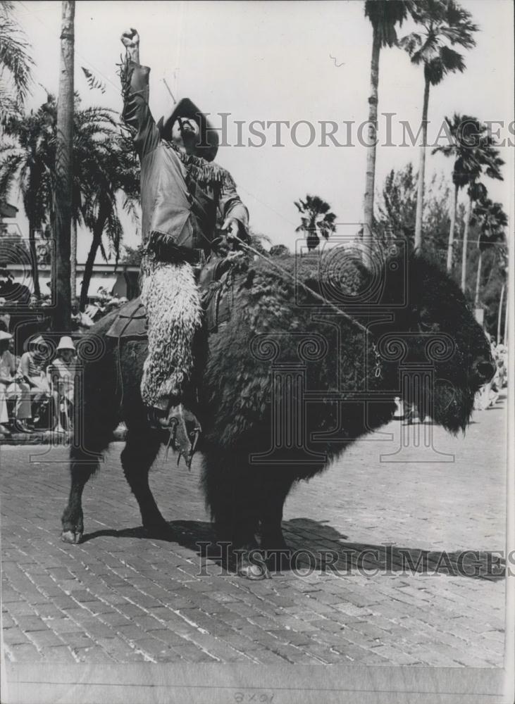 Press Photo William Fyfe rides a Buffalo - Historic Images