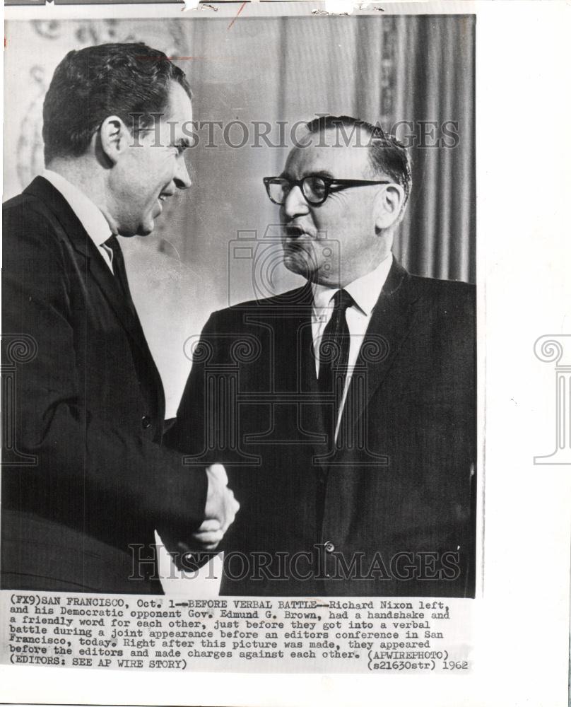 1962 Press Photo Richard Nixon Edmund Brown California - Historic Images