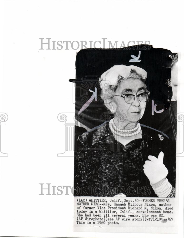 1967 Press Photo Mrs Hannah Milhous Mother of President - Historic Images