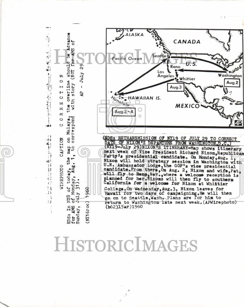 1960 Press Photo Map showing Nixon&#39;s Itinerary - Historic Images