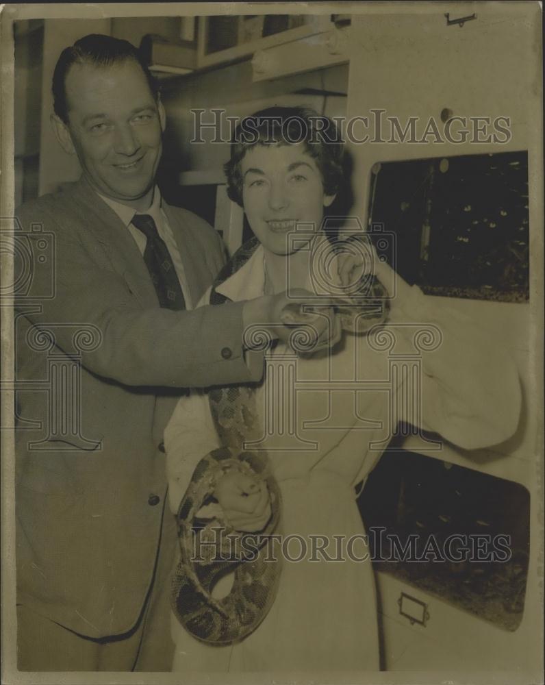 1957 Press Photo Mr.&amp; Mrs Reg Fairbairn and a boa constrictor - Historic Images