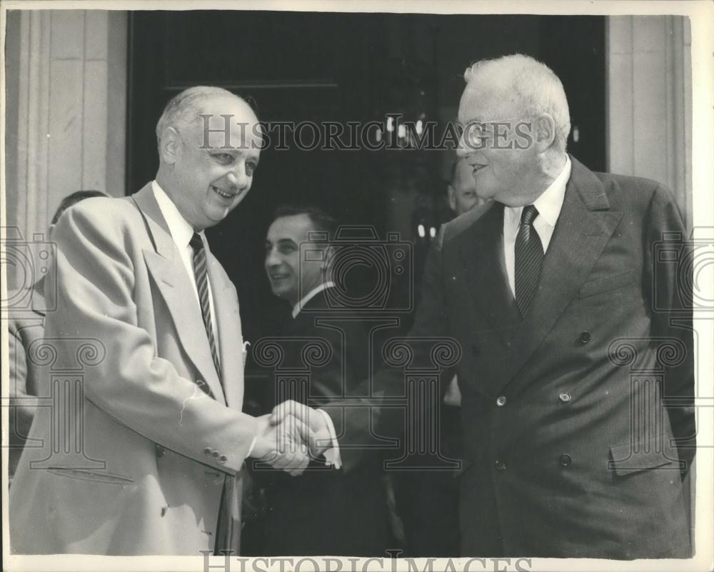 1957 Press Photo M. Pinau of France and Mr. Dulles - Historic Images