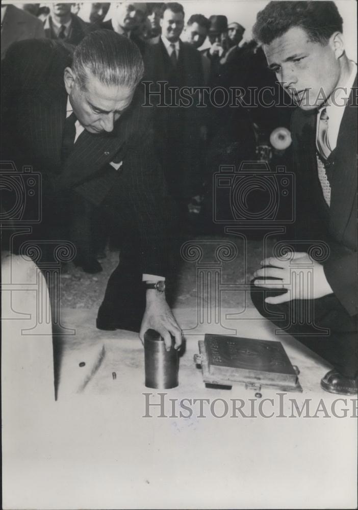 1953 Press Photo Prime Minister Rene Mayer Lays Foundation Stone At Montelimar - Historic Images