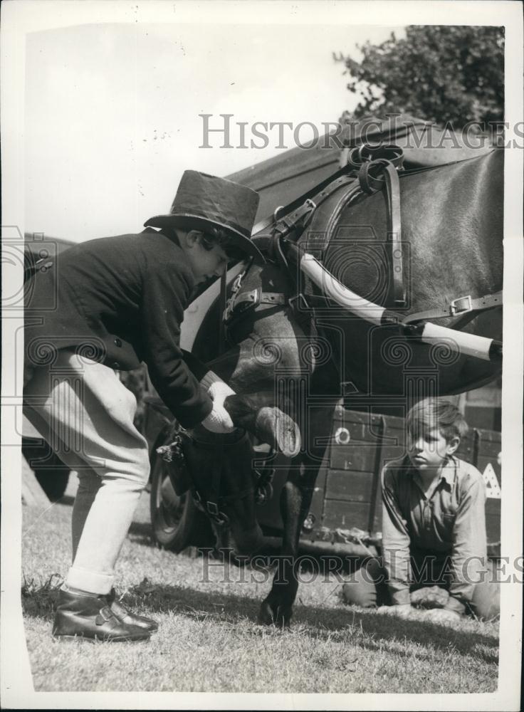 Press Photo Child Holds Horses Foot - Historic Images