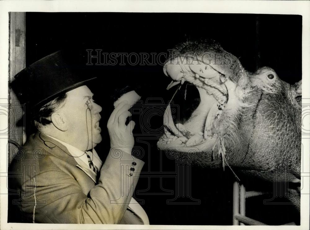 1950 Press Photo Comedian Fred Emmey and a hippo - Historic Images