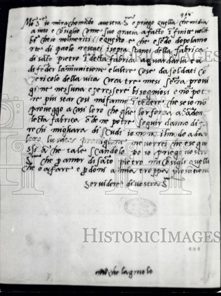 Press Photo Letter, Michelangelo to Bishop of Cesena - Historic Images