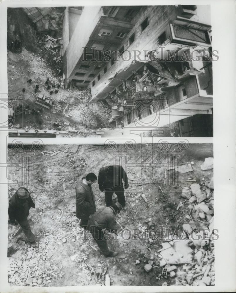 1964 Press Photo Men Inspecting Explosion Wreckage Buenos Aires Flats - Historic Images