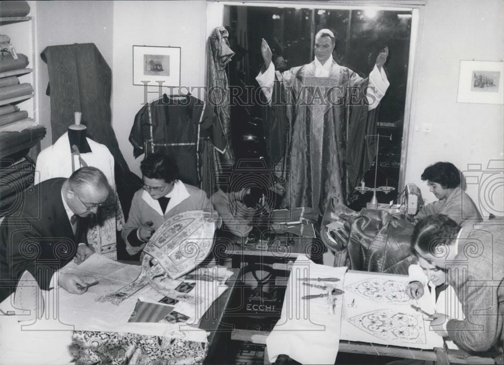 Press Photo craftwomen at work on a beautifully embroidered Mitre - Historic Images