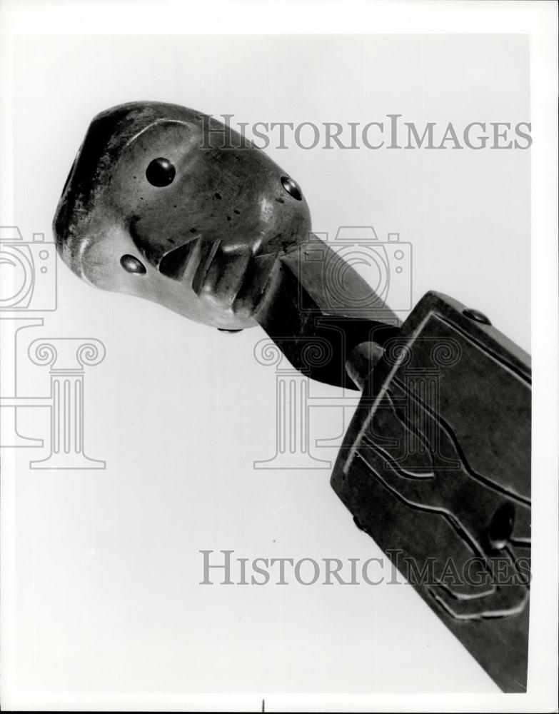 Press Photo Art Of The First Americans: Carvings adorn this Ojibwa wooden pipe - Historic Images