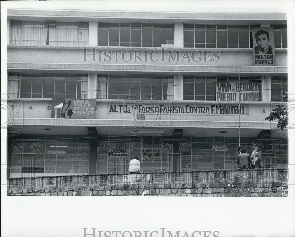 1974 Press Photo Catholic university medical school with political Posters - Historic Images