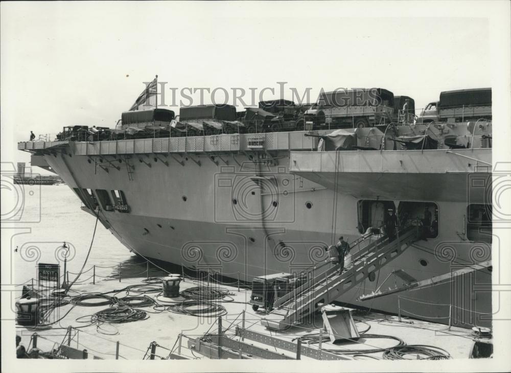 1956 Press Photo Aircraft Carrier Theseus Prepares to Sail to the Middle East - Historic Images