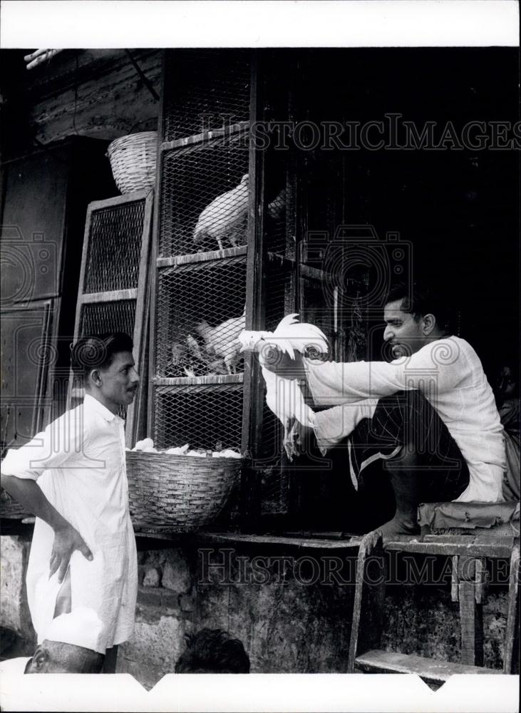 Press Photo Livestock Seller Haggles Over Price of Fowl - Historic Images