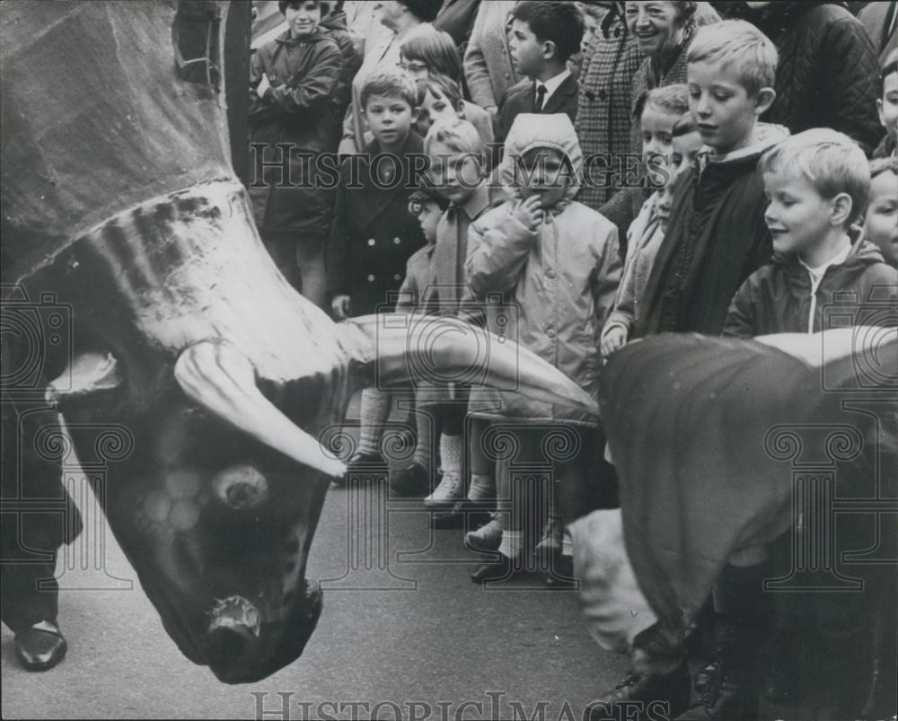 1966 Press Photo Children Watching Staged Bull Fight St. Nicholas Brussels - Historic Images