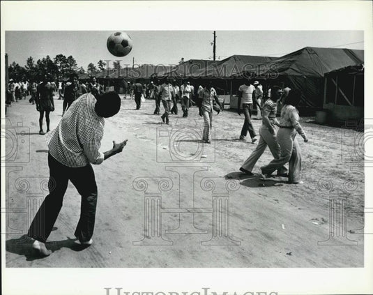 Press Photo Cuban Refugees Playing Soccer - Historic Images