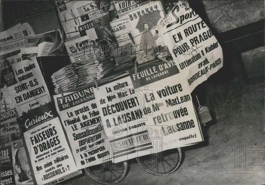 1953 Press Photo Swiss Newspapers Headlines Medlina MacLean Disappearance - Historic Images