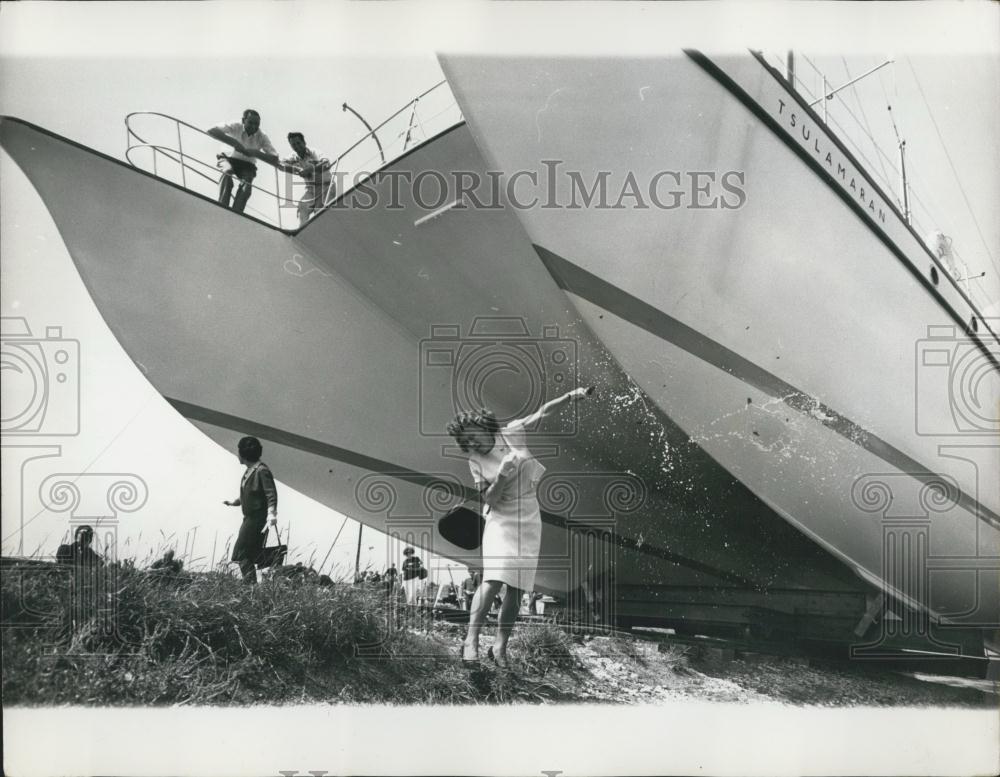 1965 Press Photo Europe&#39;s Largest Catamaran Launched - Historic Images