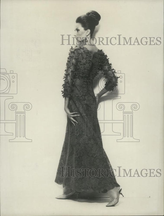 1965 Press Photo Long evening dress in Nylfrance lace designed by Castillo - Historic Images