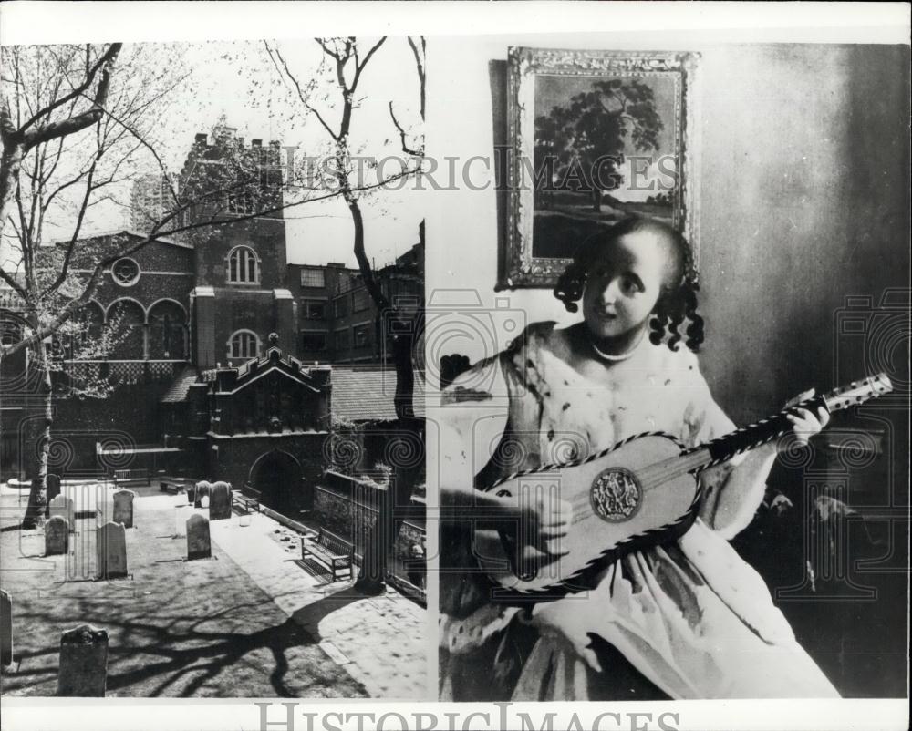 1974 Press Photo Stolen Painting Guitar Player, St. Bartholomew The Great Church - Historic Images