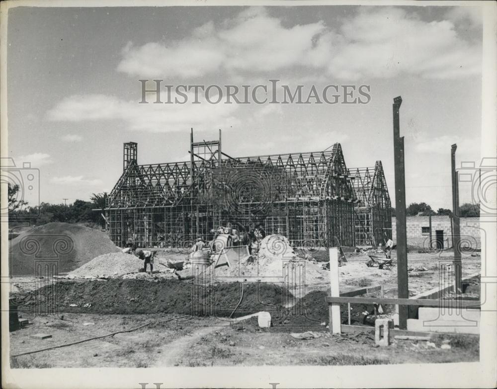 1953 Press Photo Work Progresses on Rhodes Centenary Exhibition - Historic Images