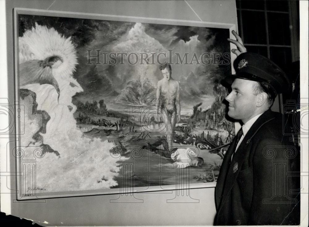 1958 Press Photo John Wiltshire &amp; his painting entitled &quot;The Trial of Mankind&quot; - Historic Images