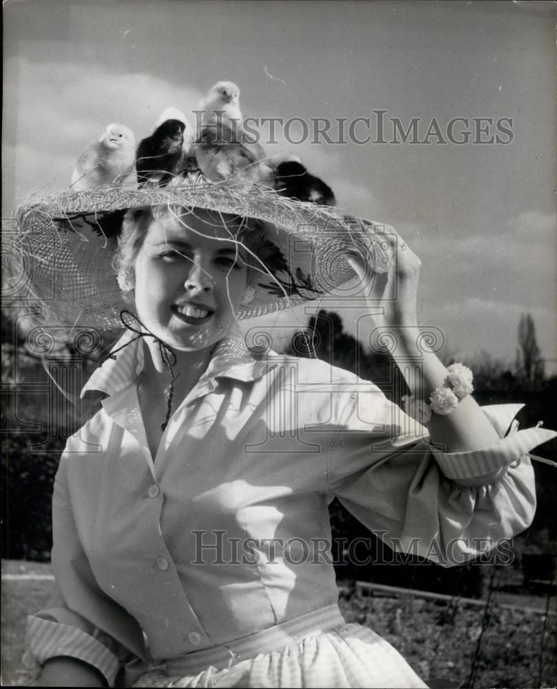 Press Photo Audrey Porter and hat full of baby chicks - Historic Images