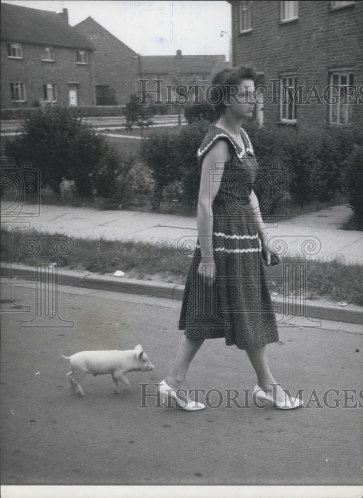 Press Photo Mrs. Violet Smalley and Piggy taking a stroll - Historic Images