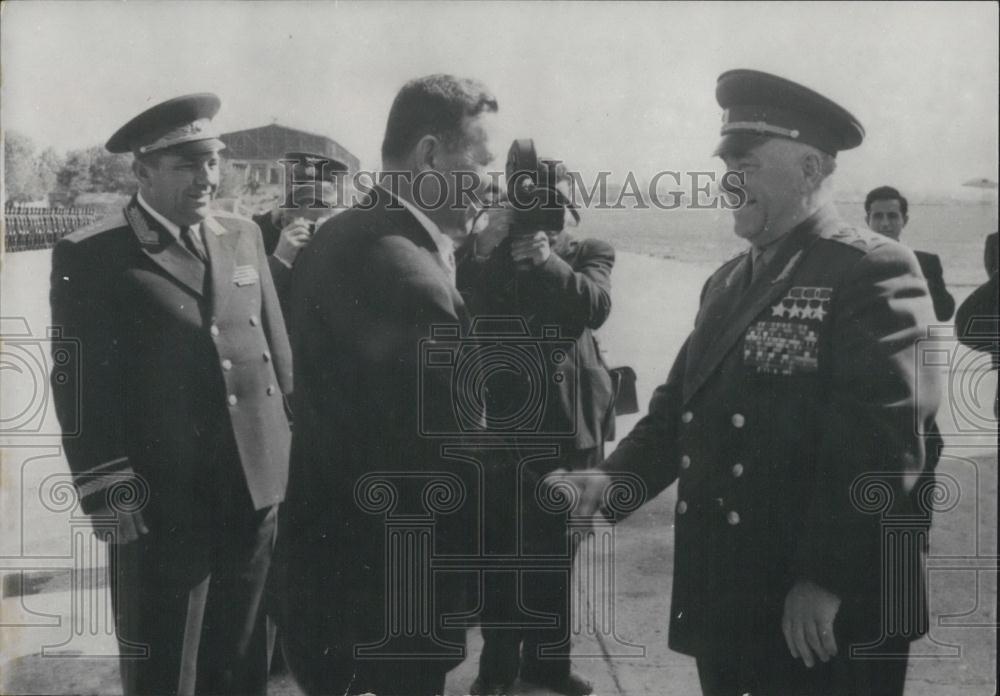 Press Photo Marshal Zhukov Welcomed By Albanian Prime Minister on Arrival - Historic Images