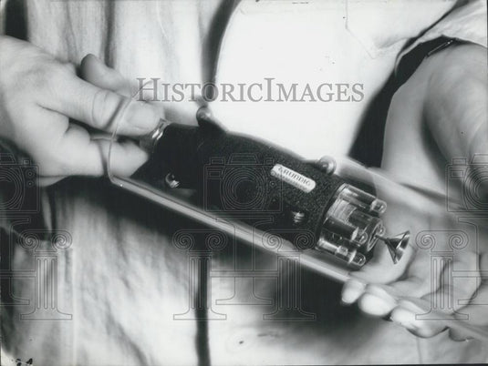 1956 Press Photo Industrial Fair of Hannover Tiny TV Set Can Go Through Pipes - Historic Images