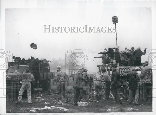 1960 Press Photo Rugby Cup Final Supporters Hold "Missile Battle" - Historic Images