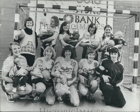 Press Photo Danish Women's Handball Team Members Holding Babies - Historic Images