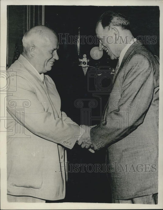 1957 Press Photo Soviet's Khruschev in Prague With Pres Zapotocky For Visit - Historic Images