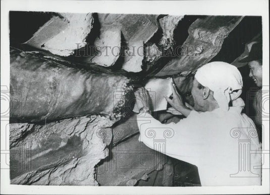 1960 Press Photo Workman Inside Huge Buddha Statue Daibutsu Repairs Crack - Historic Images