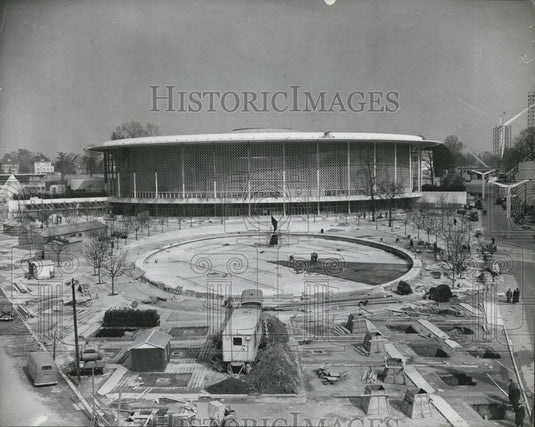 1958 Press Photo Construction, Brussels International Exhibition, USA Pavillion - Historic Images